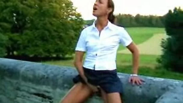 Mature wife of my friend masturbates outdoors and stars at the camera