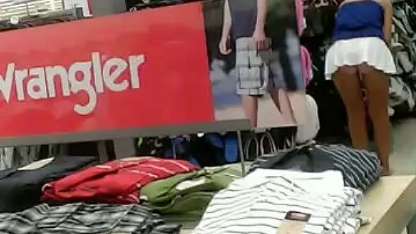 Chunky girl in the supermarket in outrageously short skirt