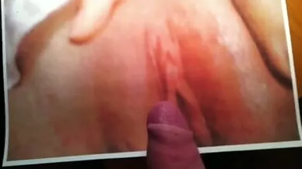 Close up picture of a fresh looking pussy on tablet and here comes the jizz