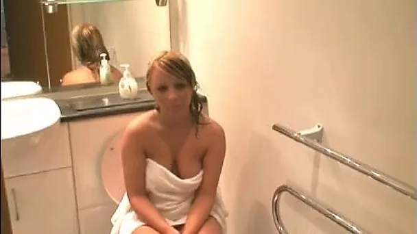 Slutty blonde girlfriend all naked in the bathroom
