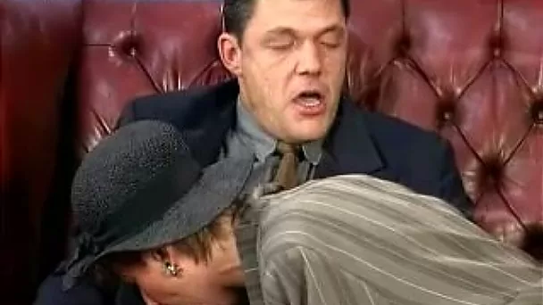 Horny grandma wearing hat blows guy's dong before riding it