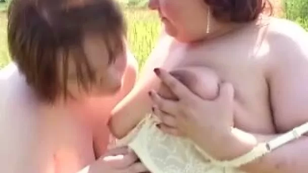 Two incredibly horny lesbian fatties make love outdoors