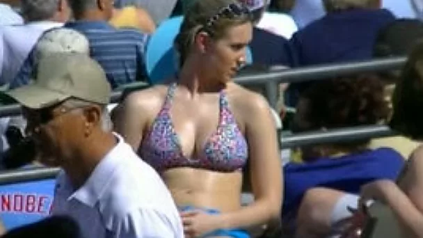 A nice stacked white girl in bikini at the baseball game