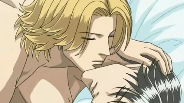 Blonde hentai gay man and his brunette fag fucking in bed
