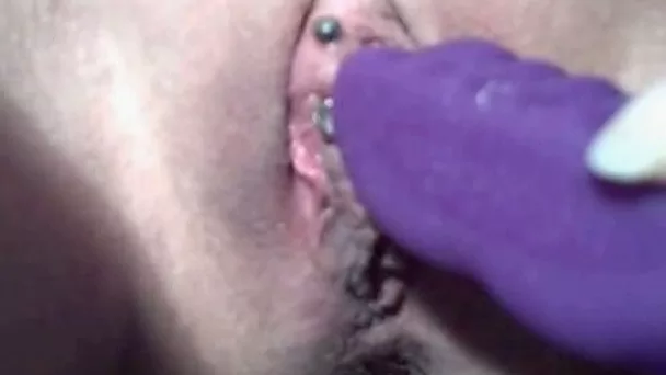 A purple plastic dildo for the filthy pierced pussy of my milfie wifey