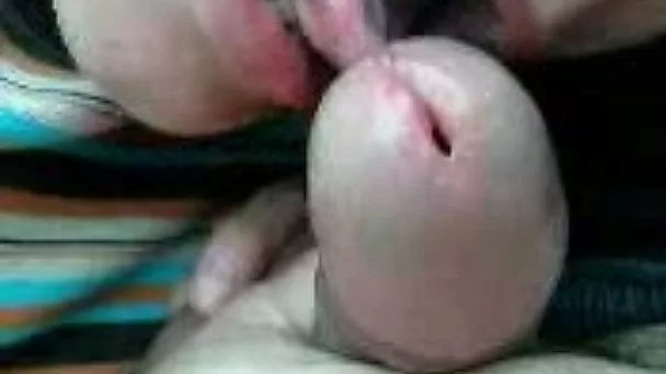 Adorable wifey sensually kisses the head of my thick cock