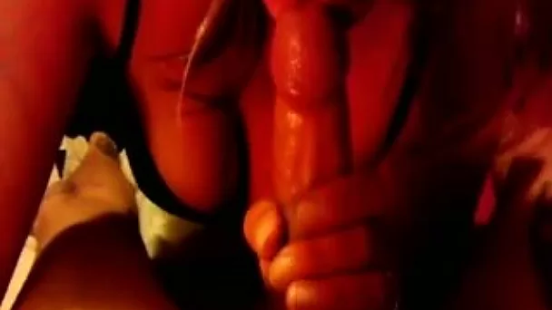 Slut puts some syrup on her boyfriend's cock before taking it in her mouth
