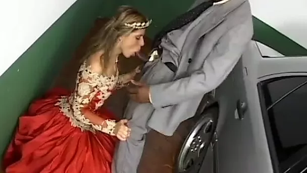 Latin bitch in red dress fucks a horny black guy in different places