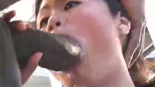 Lean Asian babe with nice ass deepthroats big black cock