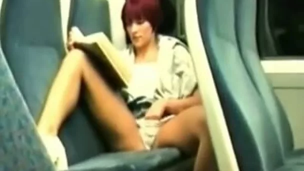 Skinny girlfriend reads erotic book and masturbates at the train