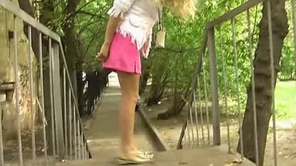 Hot Russian teen blondie pees in her pink panties and flashes it