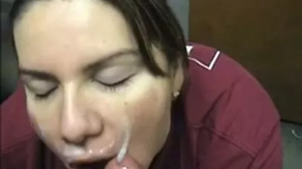 Amateur European brunette lady takes a sticky load of cum on her face