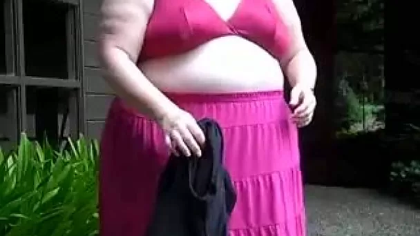 My fat wife shows her big boobs and meaty pussy for the cam outdoors