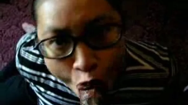 Nerdy Asian student chick greedily blows my black meat pole