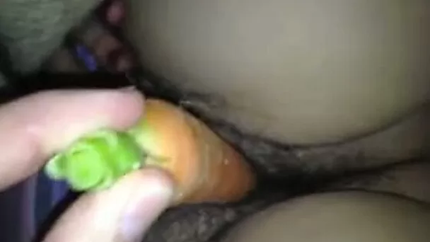 Stuffing a carrot in my bushy BBW snapper on closeup home video