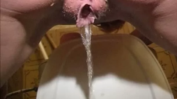Juggy redhead hussy strips in the toilet and shows how she pees