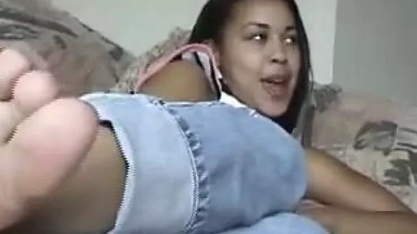 Tickling the soles of my dark skin teen girlfriend