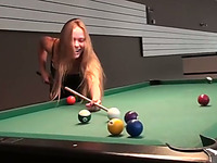 Captivating blonde plays pool and lets a man rub her holes