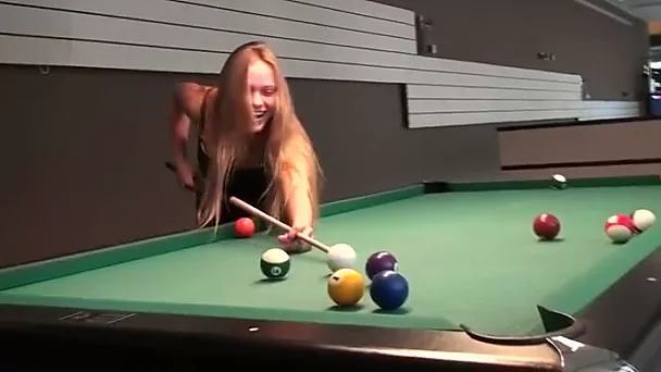 Captivating blonde plays pool and lets a man rub her holes
