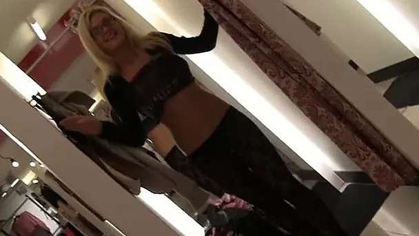Awesome amateur chick fingers her pussy in public bathroom
