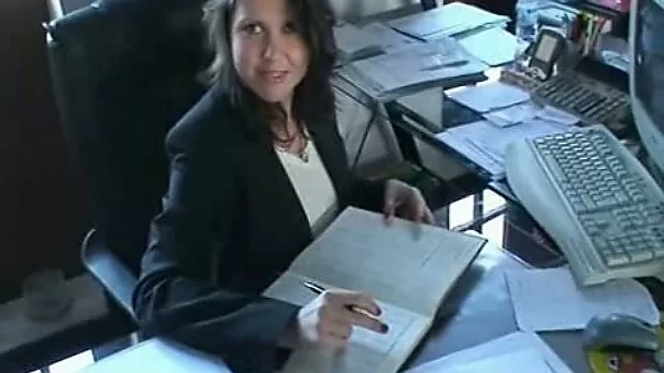 Cute black haired office slut obediently blows my huge dick
