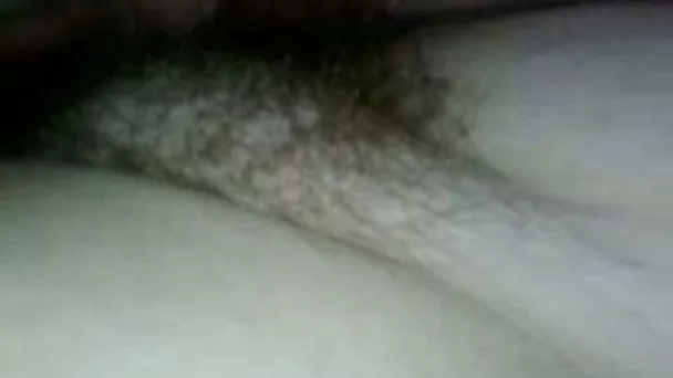 Scratching bushes on my pale skin wife's hairy cunt