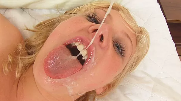 Lewd blonde deepthroats a cock and gets facialed hard