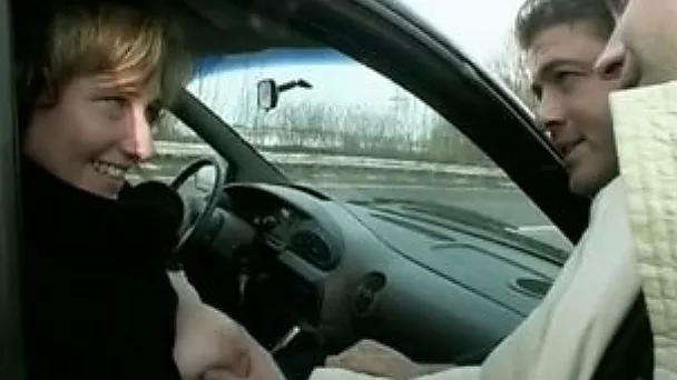 Busty mature bitch sucks my buddy's weiner in a car