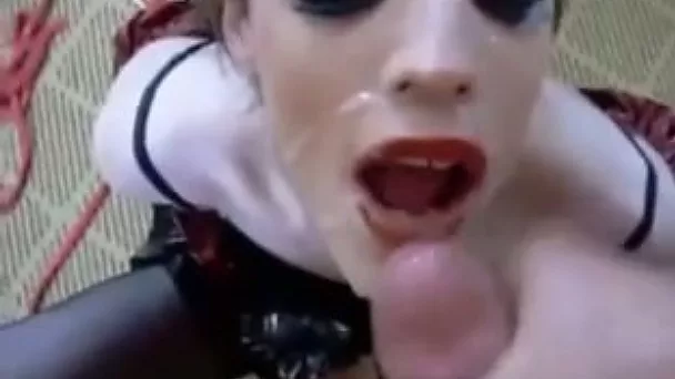 Skinny freaky white shemale bimbo getting facial after sex
