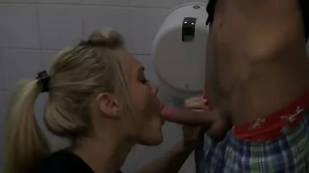 Hot blonde teen girlfriend wants to suck cock in the toilet