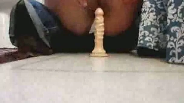 My curvy mature girlfriend rides ribbed dildo with her ass