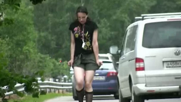 Pale skin amateur chick from Russia makes her khaki shorts wet