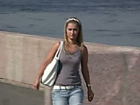 Adorable lovely Russian blondie pissed in her tight jeans