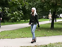 Blonde cutie Kate pees in her jeans in a public place