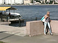 Sensual blonde Olga pees her pants on the embankment