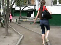 Public pissing video with long-haired brunette Olga