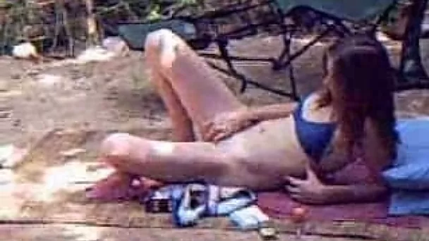 Young neighbor chick strokes her pussy over her pool - spy  video