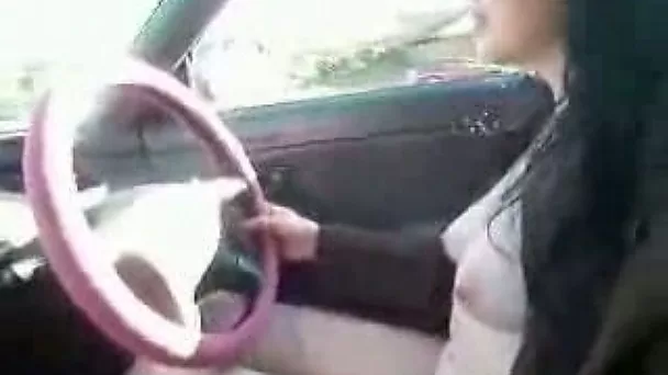 My shameless pale skin girlfriend rides car all naked