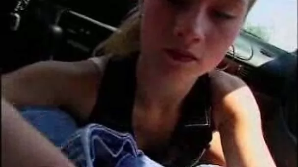 Cute and skinny blonde teen giving a very quick blowjob in the car