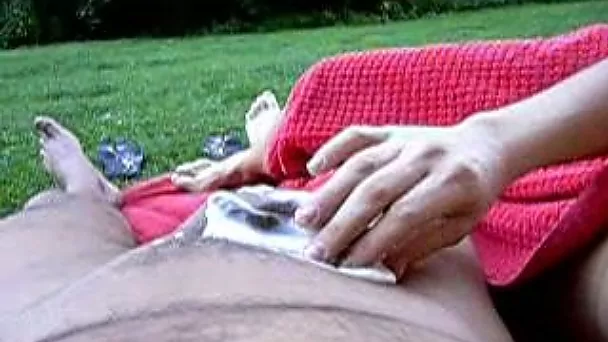 Creamy handjob by my wife all nude in the public park
