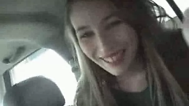 Hot brunette coed from my college sucks my cock in car