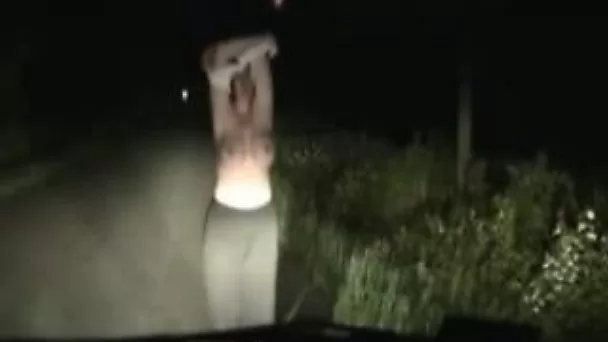 My frisky busty BBW wife gets topless on the road at night