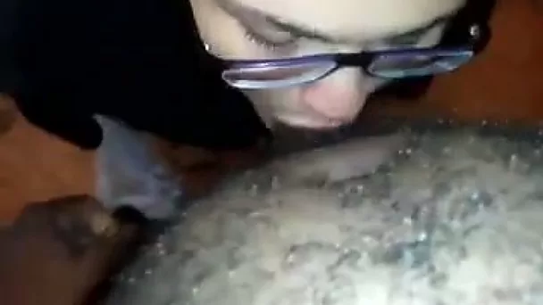 Nerdy coed sucks my black cock until she gets a facial