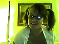 All-holes toying webcam scene with a nerdy pigtailed woman