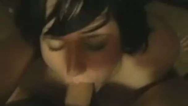 Charming brunette sucks my prick and gets cum on her tits