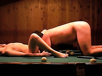 Blonde hoe gets her cunt licked and fucked doggystyle on a pool table