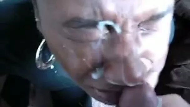 My ebony GF sucks my BBC and gets her face covered with jizz