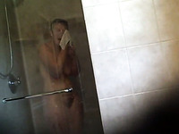 Fat short haired mature wife going out of shower room