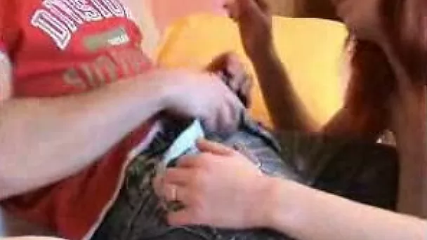 Fabulous amateur redhead GF gives me blowjob and we fuck on the couch