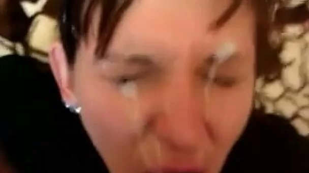 Shy Russian milf licks my cock and gets her face splattered with cum